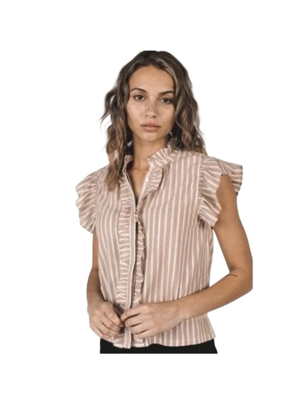 Birds of Paradis by Trovata Tan Silver Striped Ruffle Trim Blouse Womens Medium